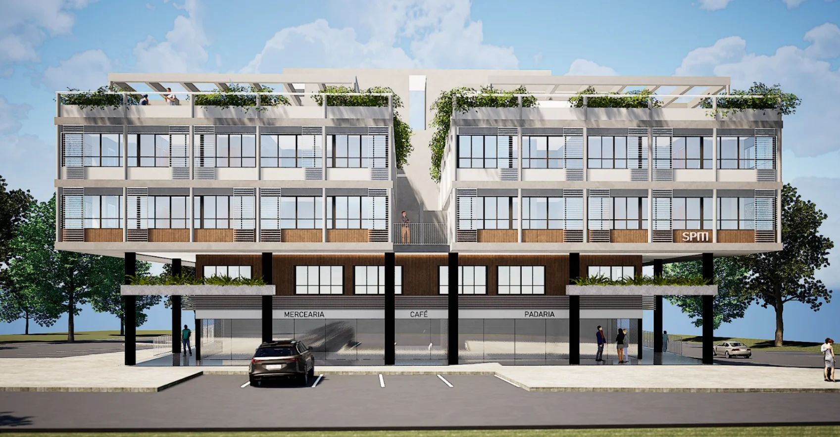 Perspectiva frontal do Ágora, com fachada horizontal, espaços no térreo, apartamentos e terraço com vegetação.